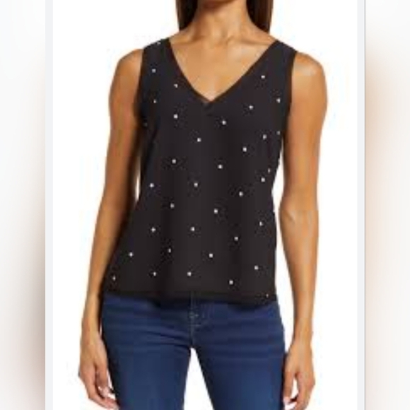 Halogen Tops - Halogen Black White Polka Dot Sleeveless V-neck Tank Top L